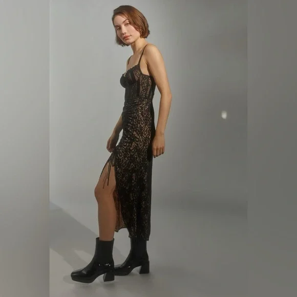 URBAN OUTFITTERS Angelica Corset Midi Dress Black Lace Front Slit Size Small - Picture 2 of 13